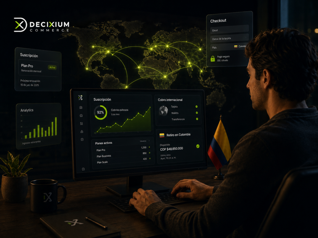 Fundador SaaS colombiano gestionando suscripciones globales, renovaciones y payout