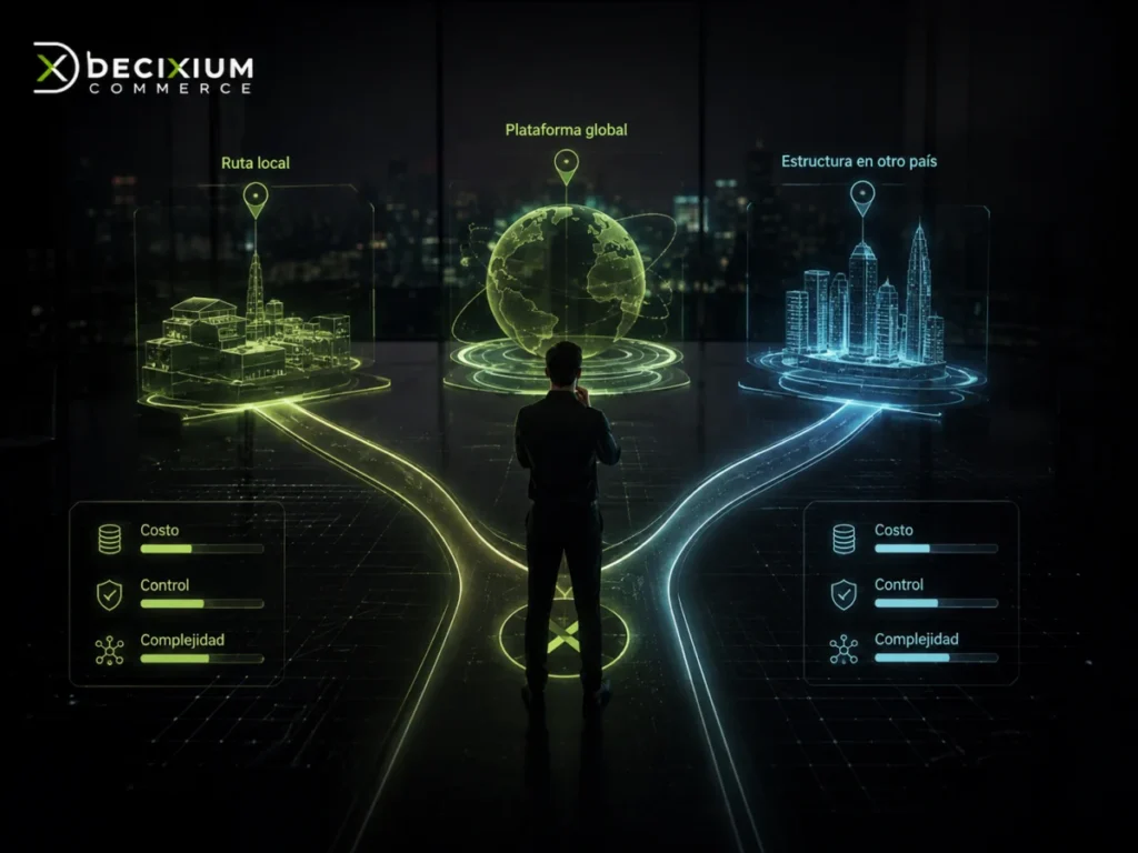 Visual editorial Decixium Commerce sobre un camino hacia LLC se detiene porque el problema real es pagos, no estructura
