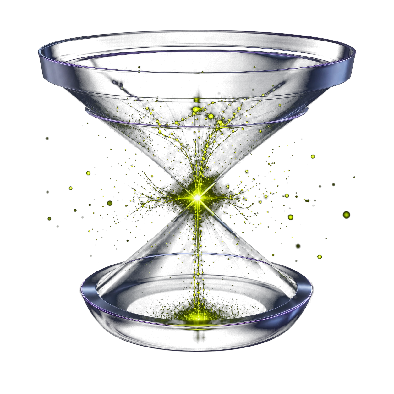 Transparent decision funnel with lime particles escaping from the conversion point