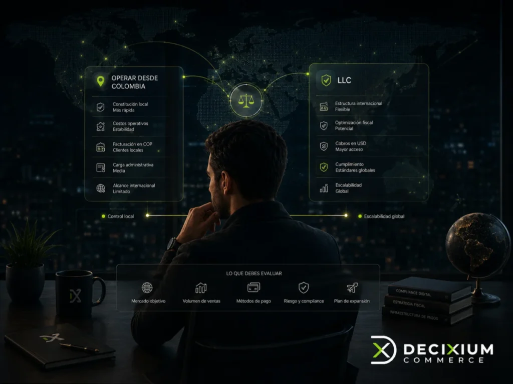 Visual editorial Decixium Commerce que contrasta una entidad propia con un tercero que asume responsabilidades transaccionales