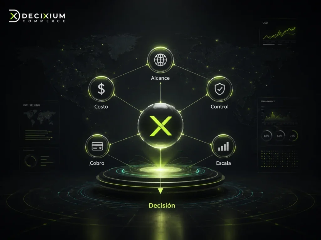 Visual editorial Decixium Commerce sobre LLC, EIN, banco y procesador aparecen como módulos independientes, no como un paquete obligatorio