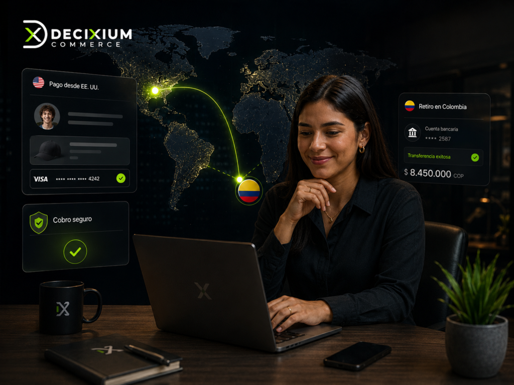 Vendedor colombiano conectando compradores de Estados Unidos con checkout y payout hacia Colombia