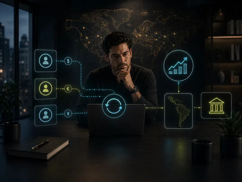 Visual editorial Decixium Commerce sobre fundador SaaS latinoamericano gestionando recurrencia global