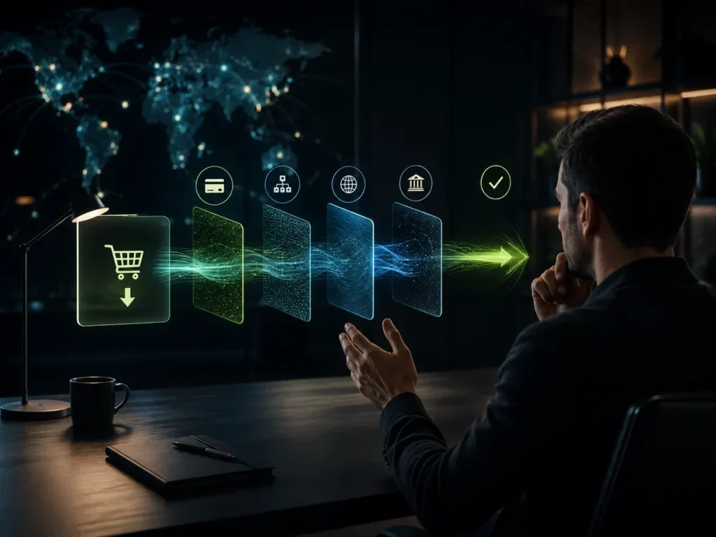 Visual editorial Decixium Commerce sobre fundador SaaS descomponiendo el costo de una suscripción internacional