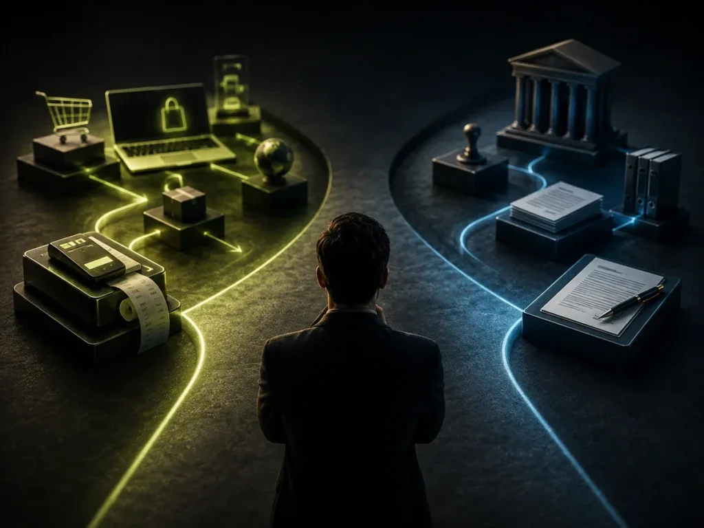 Visual editorial sobre fundador comparando infraestructura de comercio y estructura jurídica