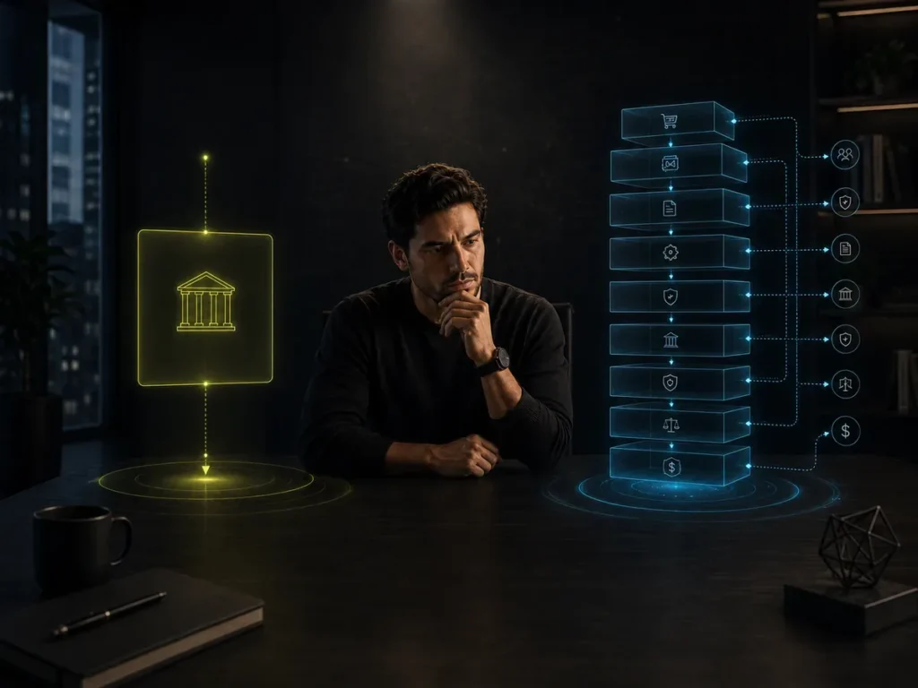Visual editorial Decixium Commerce sobre fundador comparando Merchant of Record y stack propio