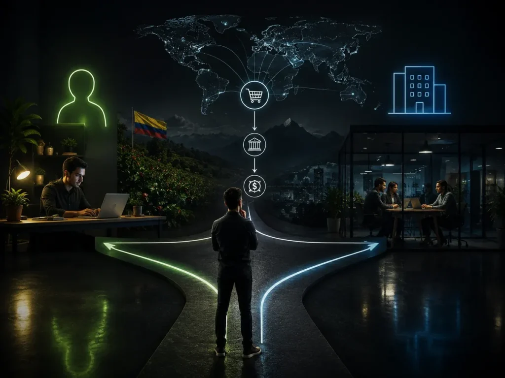 Visual editorial Decixium Commerce sobre emprendedor colombiano comparando operar como persona y como empresa