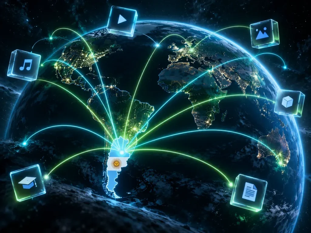 Visual editorial sobre cómo vender productos digitales internacionalmente desde argentina