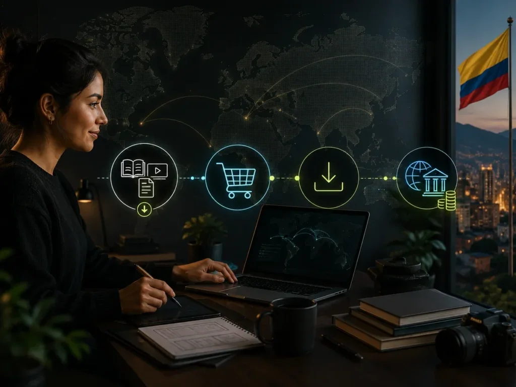 Visual editorial Decixium Commerce sobre creador digital colombiano preparando una venta internacional