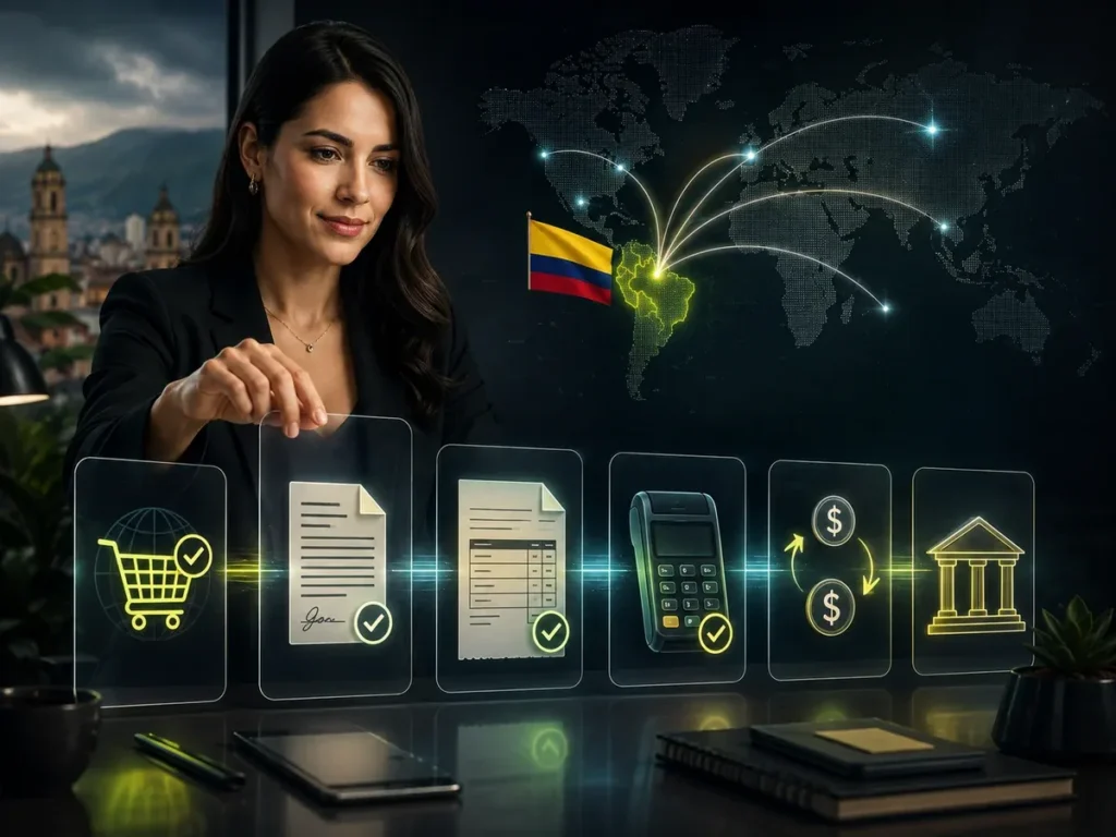 Visual editorial Decixium Commerce sobre empresario colombiano ordenando documentos de una venta digital internacional